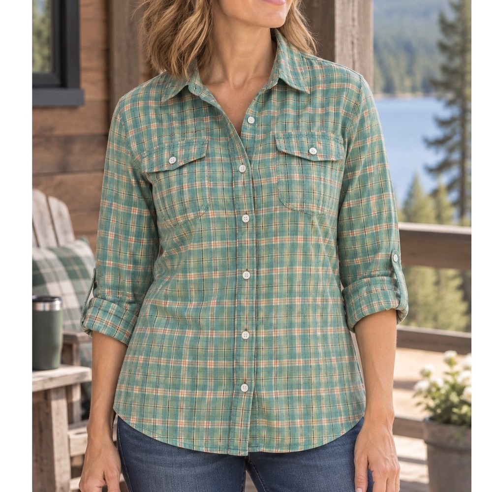 Duluth Trading Co Armachillo Womens Large Green Plaid Cooling Long Sleeve Shirt